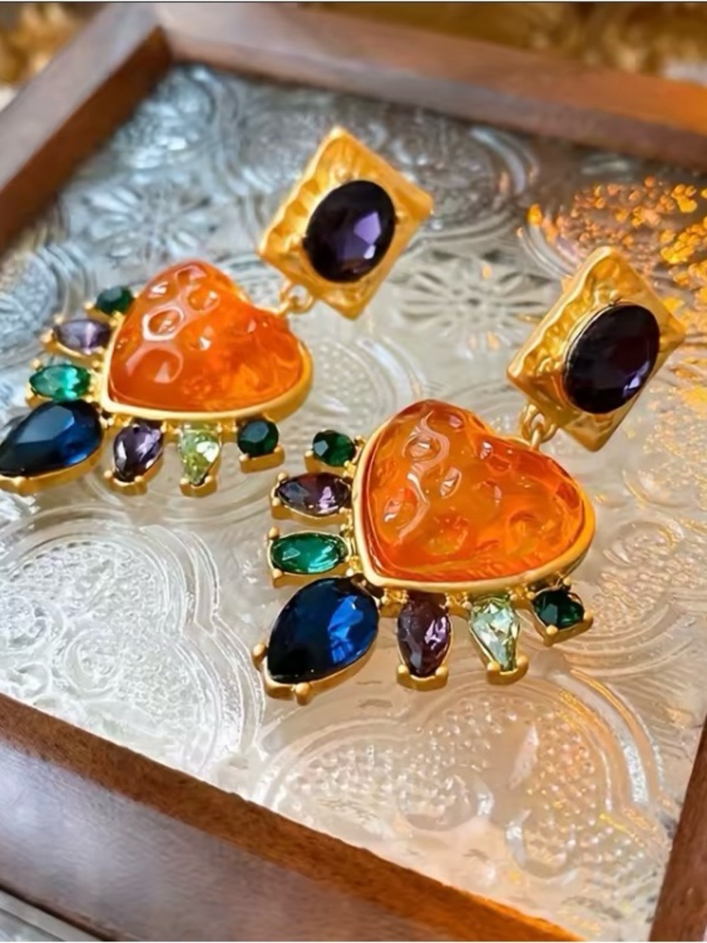 Exaggerated Exquisite Big Heart Glass Multi Color Crystal Stone Drop Earring
